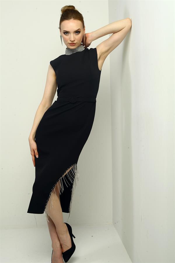 Women's Embellished Mandarin Collar Belted Waist Midi Dress with Side Chain Detail and Slit.