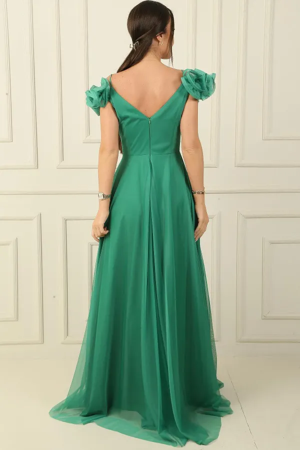 Ön Arka V Yaka İp Askılı Kısa Kollu Önü Taşlı Astarlı Uzun Tül Elbise