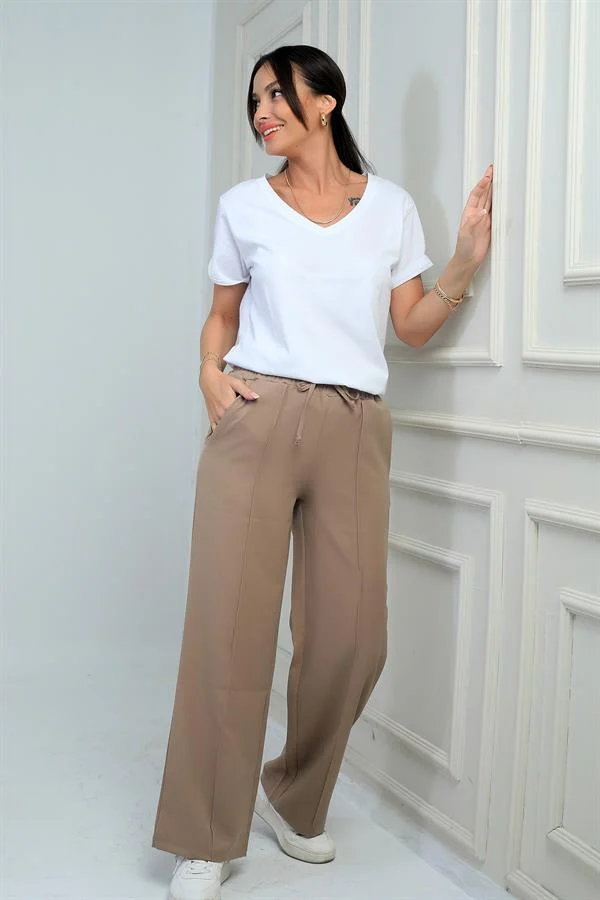 Pantalon palazzo pour femme avec taille élastique, cordon de serrage et poches latérales