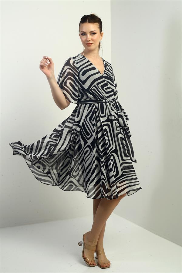 Women's Wrap Neckline Belted Lined Geometric Pattern Chiffon Dress