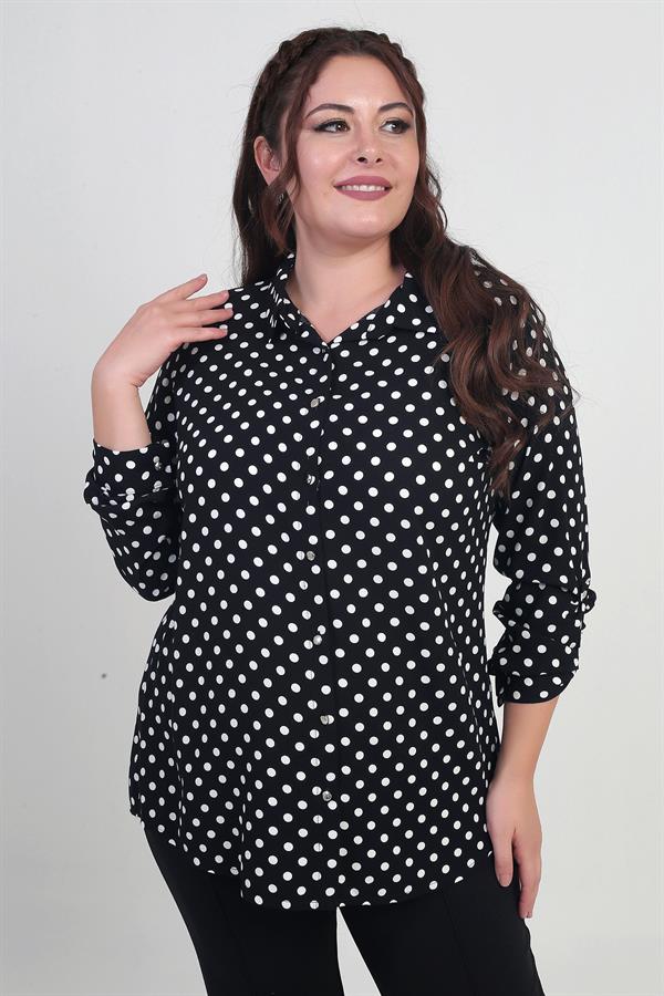 Kadın Kol Katlamalı Puantiyeli Büyük Beden Gömlek