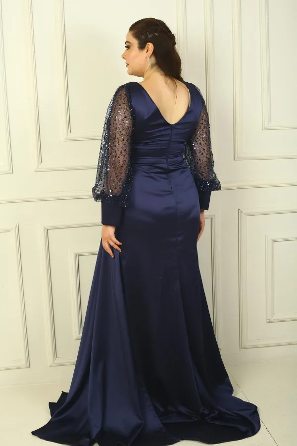 Göğsü Ve Yakası Boncuk İşlemeli Astarlı Büyük Beden Uzun Saten Abiye Elbise