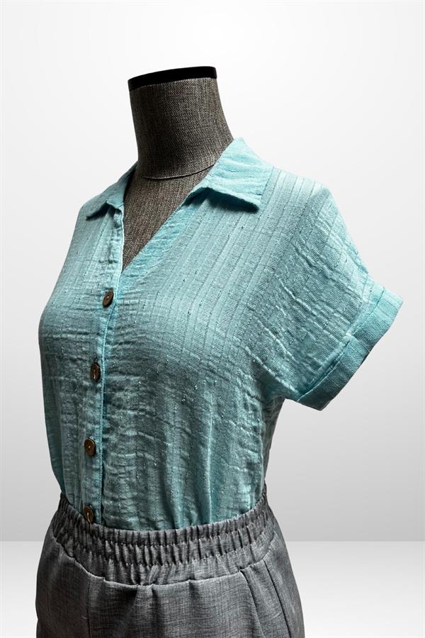 Kadın Polo Yaka Kendinden Desenli Keten Gömlek