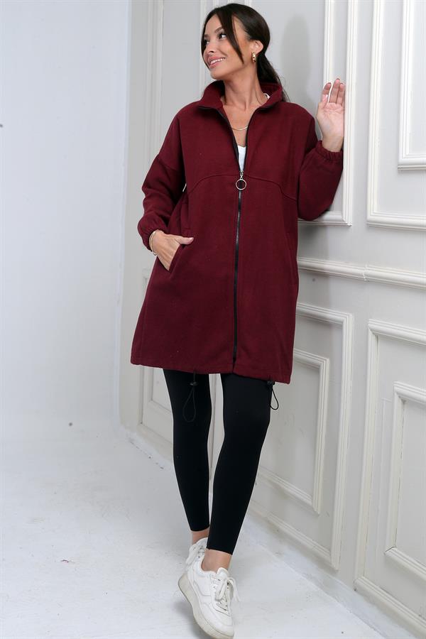 Manteau long en cachemire pour femme avec fermeture éclair sur le devant et poches élastiquées