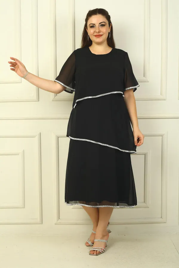 Robe grande taille en mousseline de soie à 3 couches, manches courtes, doublure et détails en pierre pour femme