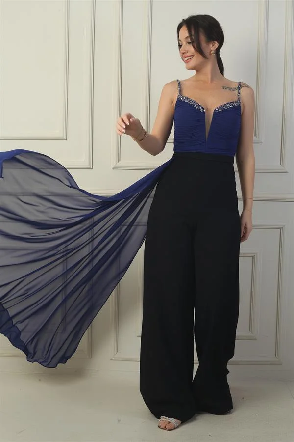 Women's Strappy Jumpsuit with Beaded Details and Chiffon Crepe Top