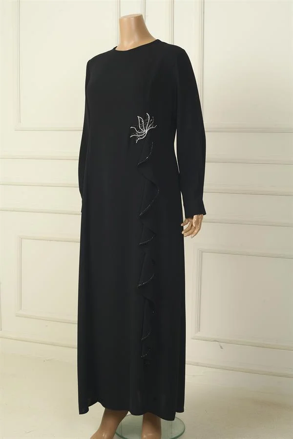 Robe longue en crêpe grande taille à volants brodés de fleurs et de pierres pour femme