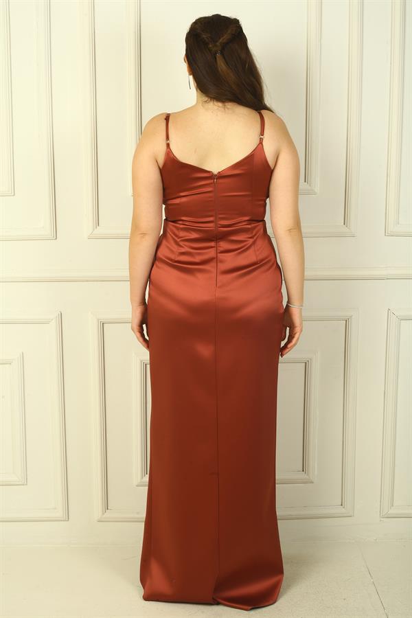 İp Askılı Kruvaze Yaka Beli Pileli astarlı Saten Uzun Abiye Elbise