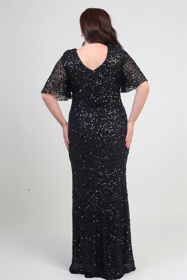 Kadın Degaje Yaka Kısa Kollu Astarlı Pullu Büyük Beden Likralı Elbise