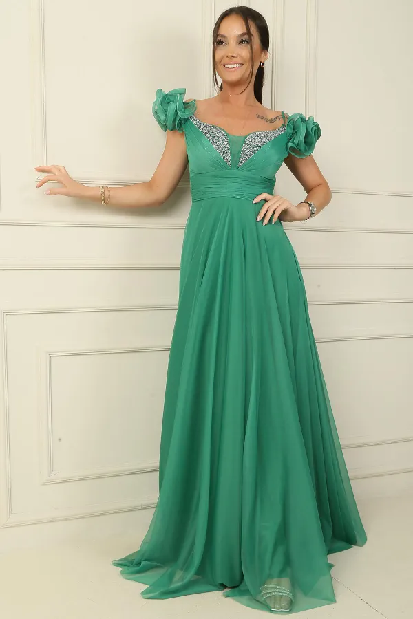 Ön Arka V Yaka İp Askılı Kısa Kollu Önü Taşlı Astarlı Uzun Tül Elbise