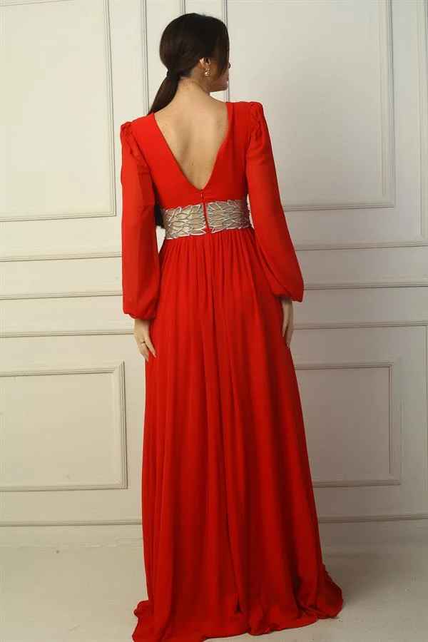 Robe de soirée longue en mousseline de soie avec col en V et taille brodée pour femme