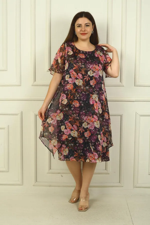 Women's Round Neck Short Sleeve Lined Double Layer Floral Plus Size Chiffon Dress