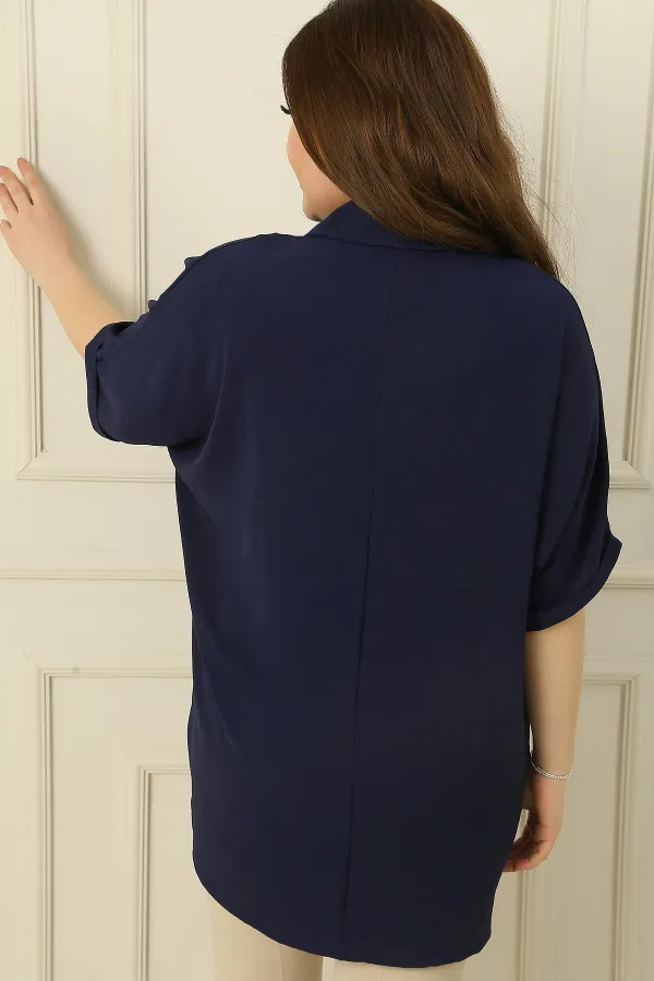 Double Breasted Polo Collar Short Sleeve Ayrobin Plus Size Blouse