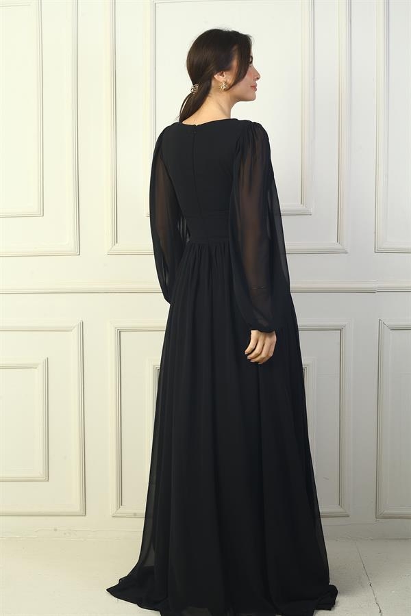 Önden Bağcıklı Balenli Astarlı Uzun Şifon Elbise