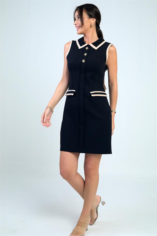 Kadın Metal Düğme Detaylı Garni Biyeli Kısa Elbise