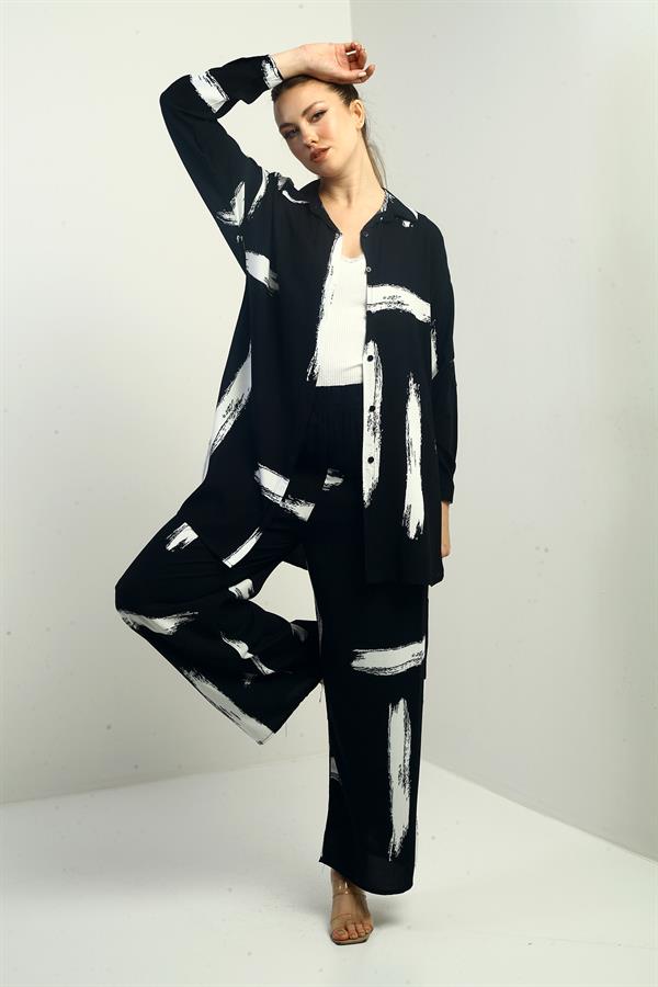 Women's Side Slit Tunic Shirt, Elastic Waist Pocketed Paazzo Pants, Brush Pattern Oversize 2-Piece Set