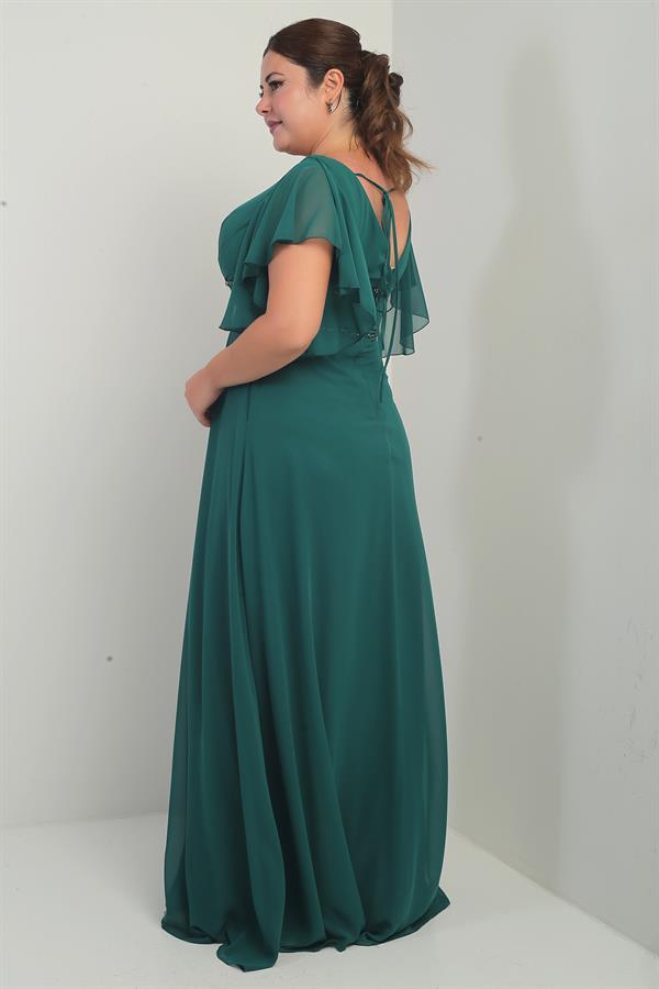 Robe en mousseline grande taille pour femme, décolleté en V devant et dos, manches à volants, ceinture doublée et poches.