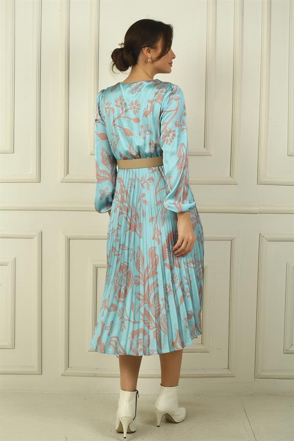 Women's Double-Breasted Waist Belted Lined Floral Pleated Satin Dress