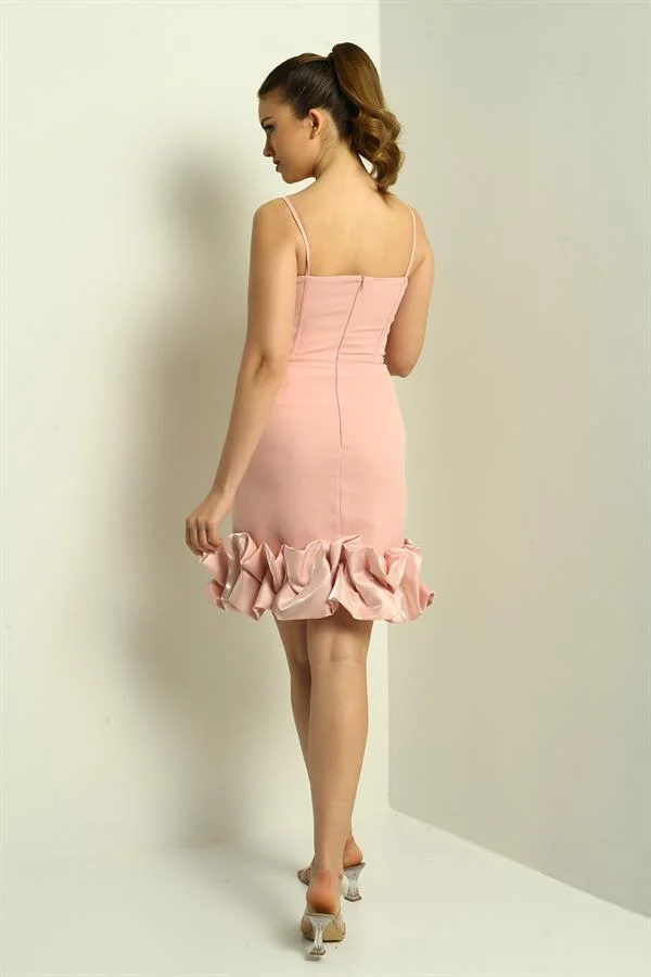 Kadın İp Askılı Astarlı Etek Saten Drapeli Kısa Krep Elbise