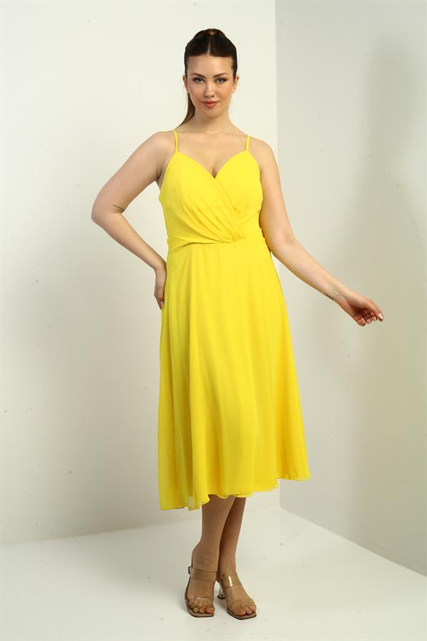 Women's Strappy Wrap Neckline Lined Lace-Up Back Flared Chiffon Dress