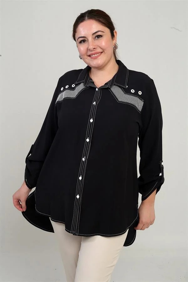 Kadın Kuş Gözlü Fileli Kol Katlamalı Büyük Beden Uzun Gömlek