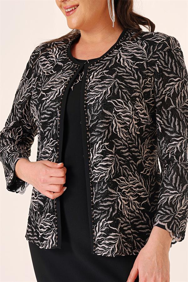 Robe longue à col perlé, ensemble deux pièces grande taille avec veste brodée de perles et de sequins, doublée.