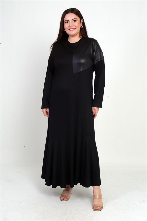Robe longue grande taille pour femme avec épaules en cuir et jupe à volants