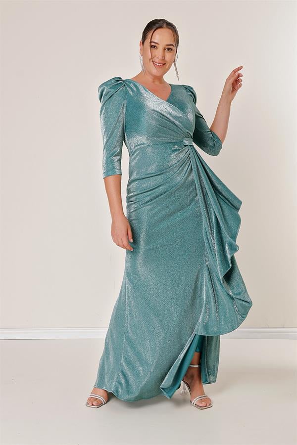 Robe longue grande taille Truvakar avec manches à volants sur le devant, doublée et pailletée.