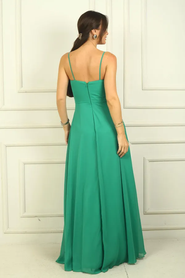 Kadın İp Askılı Drapeli Astarlı Şifon Uzun Elbise