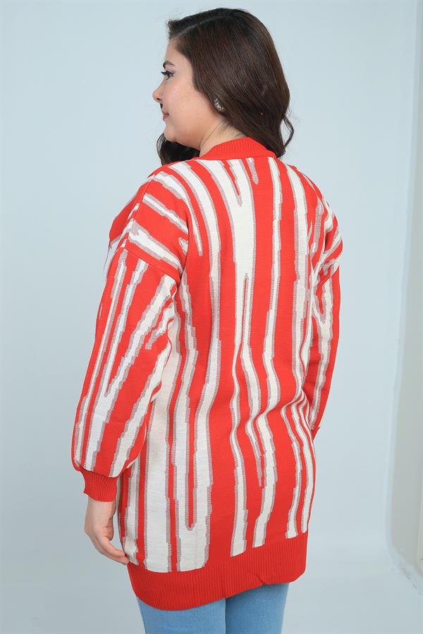 Kadın Önü Düğme Detaylı Simli Boyuna Çizgili Büyük Beden Triko Tunik Kazak