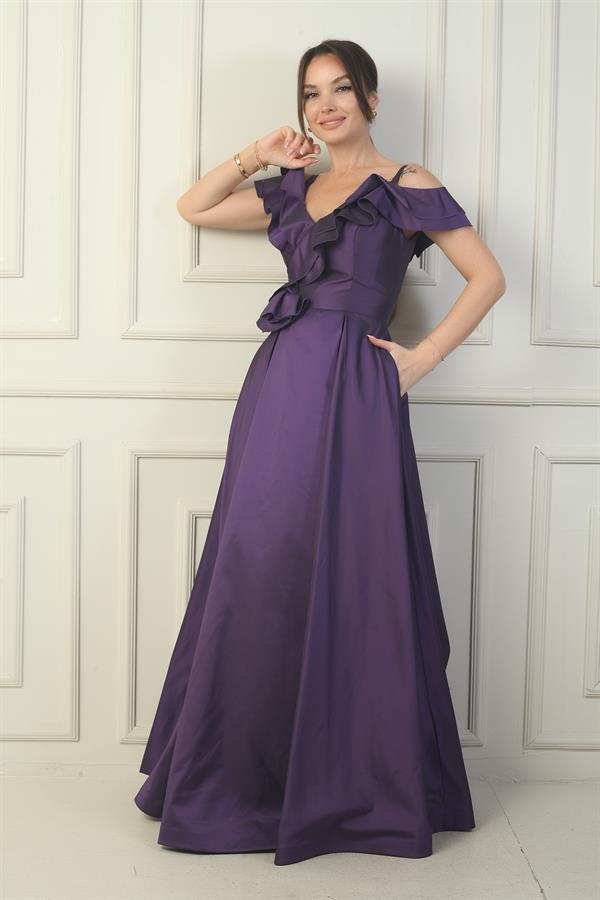 Women's Strappy Boat Neck Long Taffeta Evening Dress with Rose Detail, Lined, and Pockets