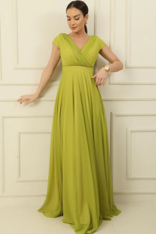 Kruvaze Yaka Tırnak Kol Tam Daire Kloş Astarlı Şifon Tül Uzun Elbise