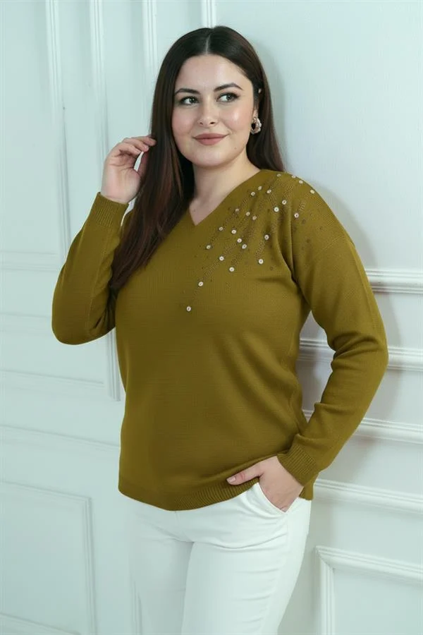 Chemisier en maille à strass grande taille pour femme, col en V