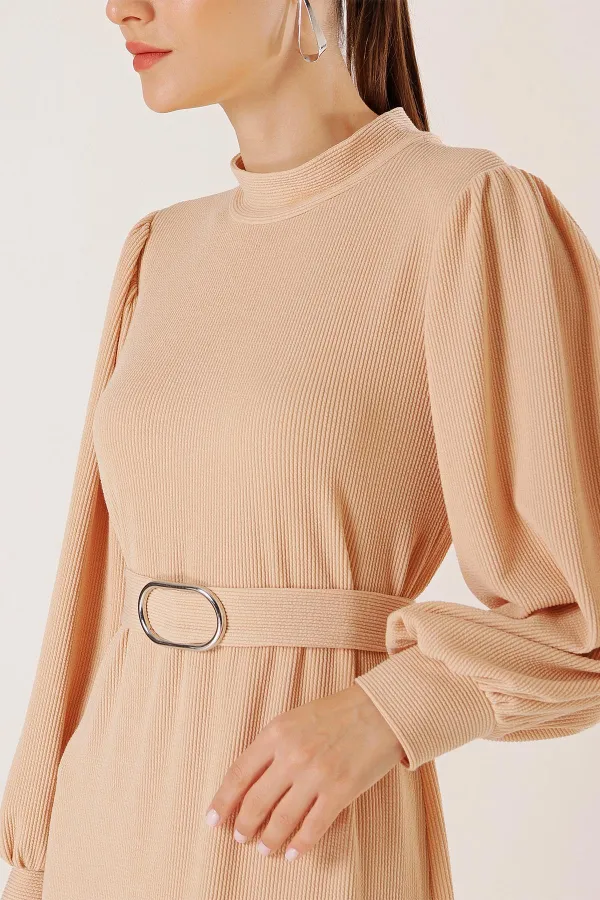 Beli Kemerli Omuz Büzgülü Elbise