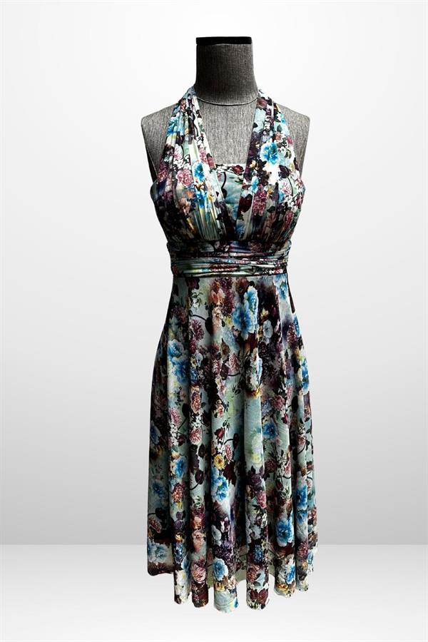 Kadın Boyundan Bağlamalı Astarlı Küçük Çiçekli Elbise