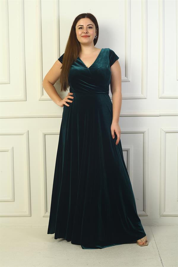 Robe longue en velours grande taille pour femme, avec décolleté en V devant et dos, fronces latérales et manches demi-lune.