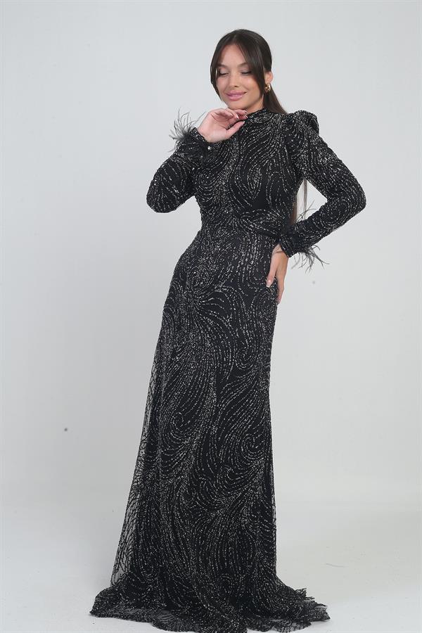 Robe longue en tulle pour femme avec doublure ornée de plumes, de perles et de sequins