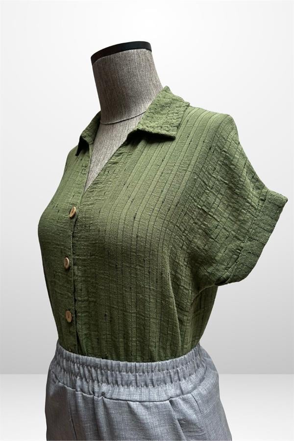 Kadın Polo Yaka Kendinden Desenli Keten Gömlek