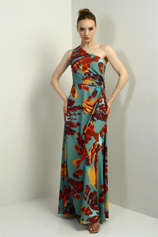 Kadın Tek Omuz Yandan Pencereli Desenli Uzun Krep Saten Elbise