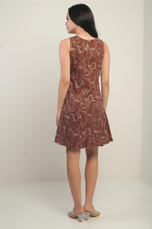 Kadın Yuvarlak Yaka Kordeneli Kolsuz Kısa Elbise