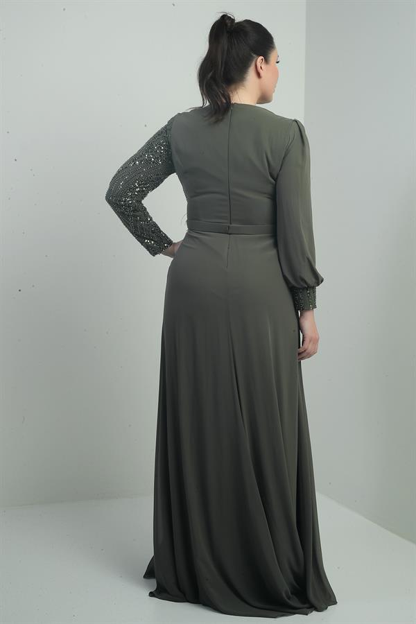 Women's Plus Size Long Chiffon Dress with Sequin and Bead Embellishment, Lined, and Floral Waistline