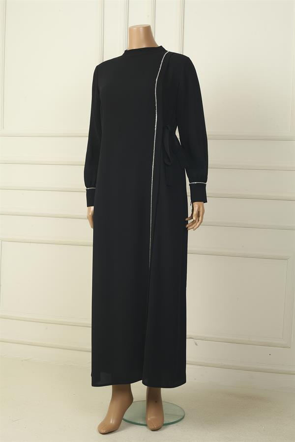 Robe longue en crêpe grande taille pour femme, avec manches zippées, ornements de pierres et fermeture à nouer sur le côté