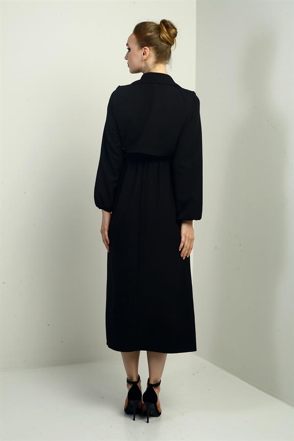 Women's Button-Down Detachable Vest, Elastic Waist, Long-Sleeved Midi Dress