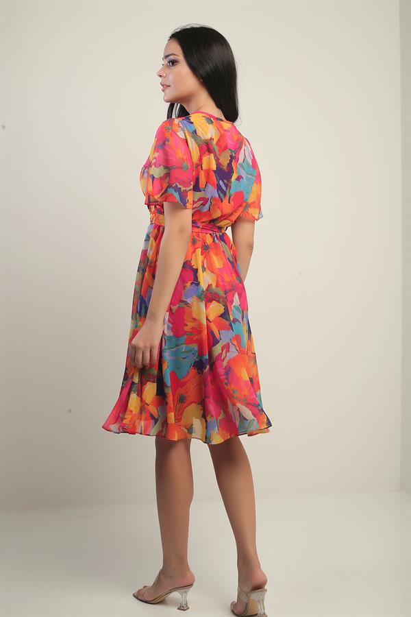 Women's Wrap Neckline Ruffled Sleeve Lined Belted Large Floral Chiffon Dress