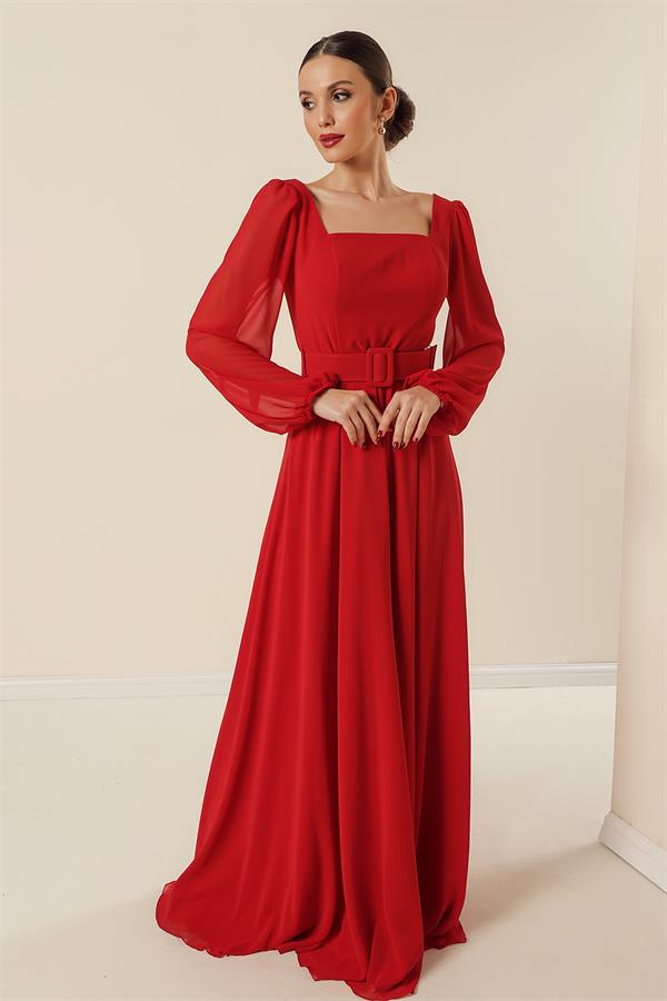 Kare Yaka Beli Kemerli Astarlı Şifon Uzun Abiye