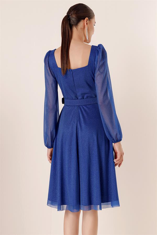 Square Neck, Belted, Balloon Sleeve, Lined, Glittery Dress