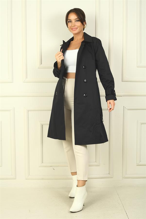 Kadın Beli Ve Kolları Kemerli Önü Düğmeli Cepli Pardesü