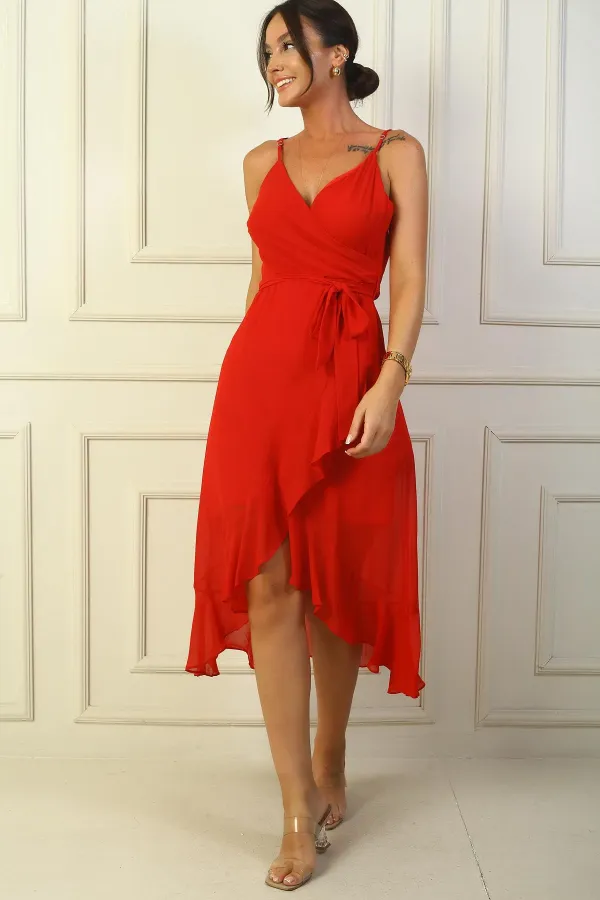 Rope Strap Double Breasted Collar Belted Waist Lined Flounce Chiffon Long Dress