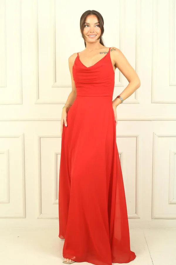 Robe longue en mousseline doublée à bretelles et drapée pour femme