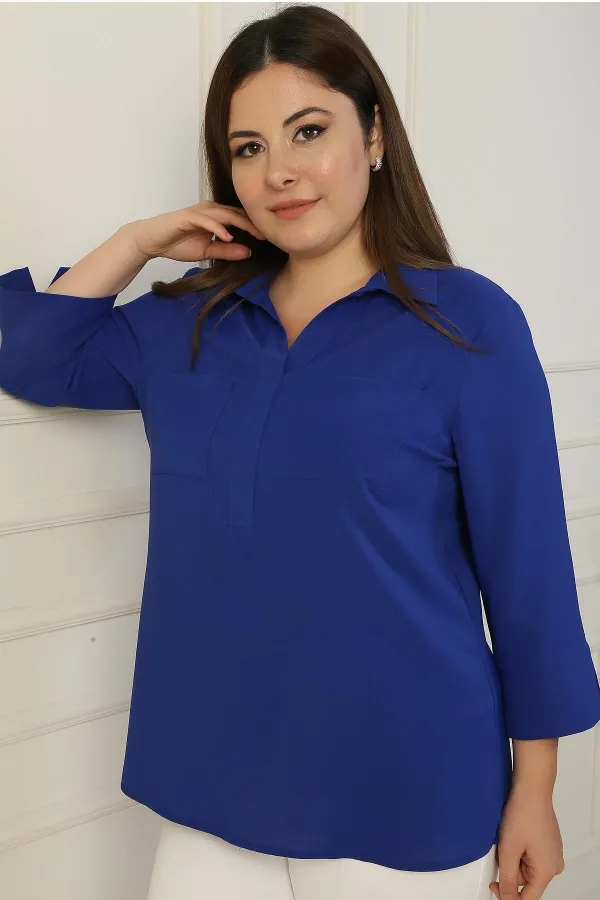 Polo Collar Pocketed Quarter Sleeve BB Blouse